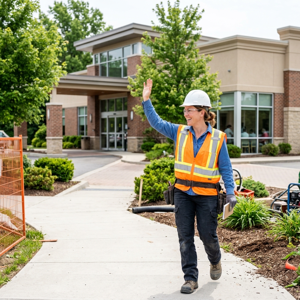 Happy worker waving at a clinic