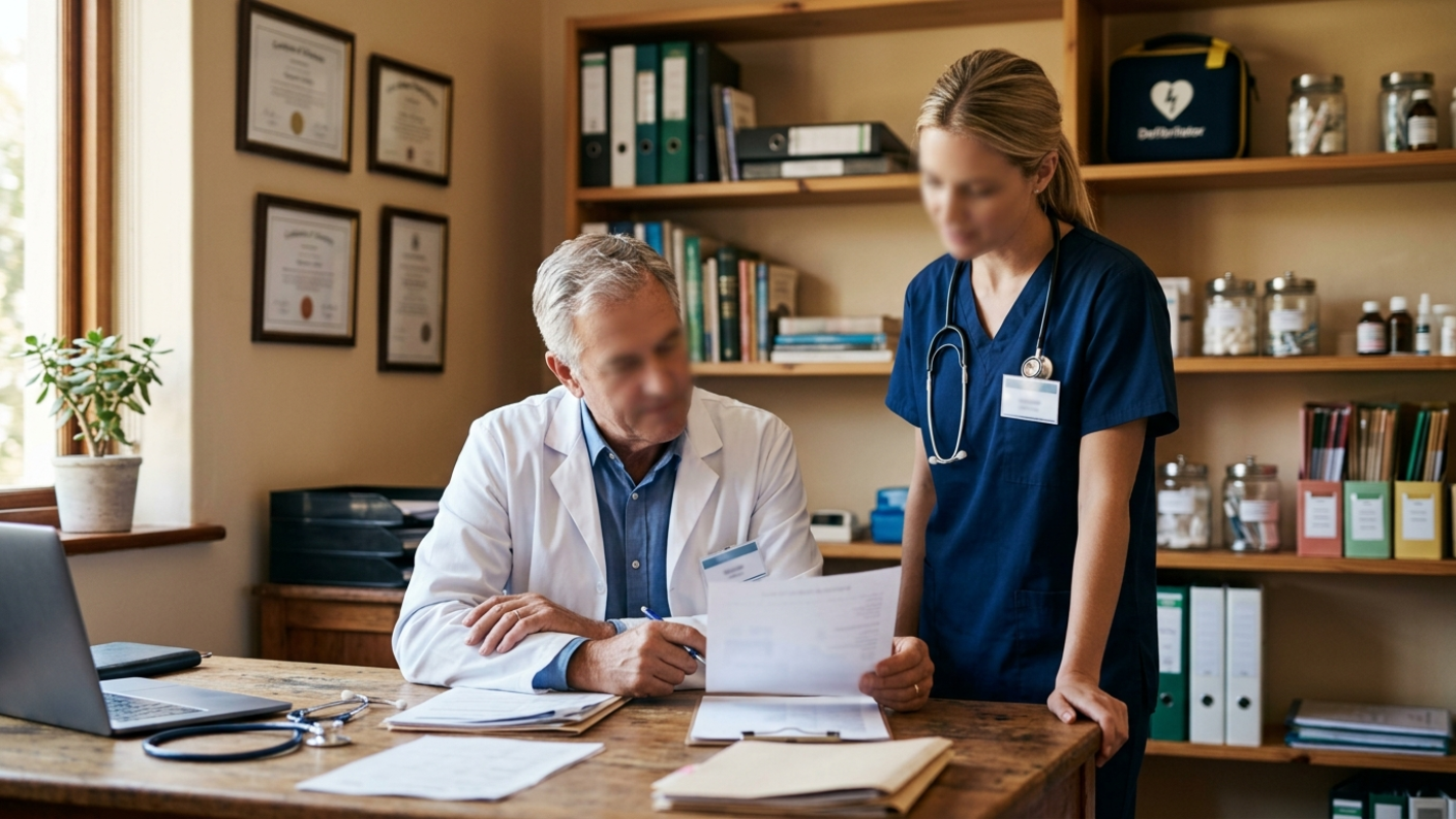 Doctor and nurse reviewing case files together in the office